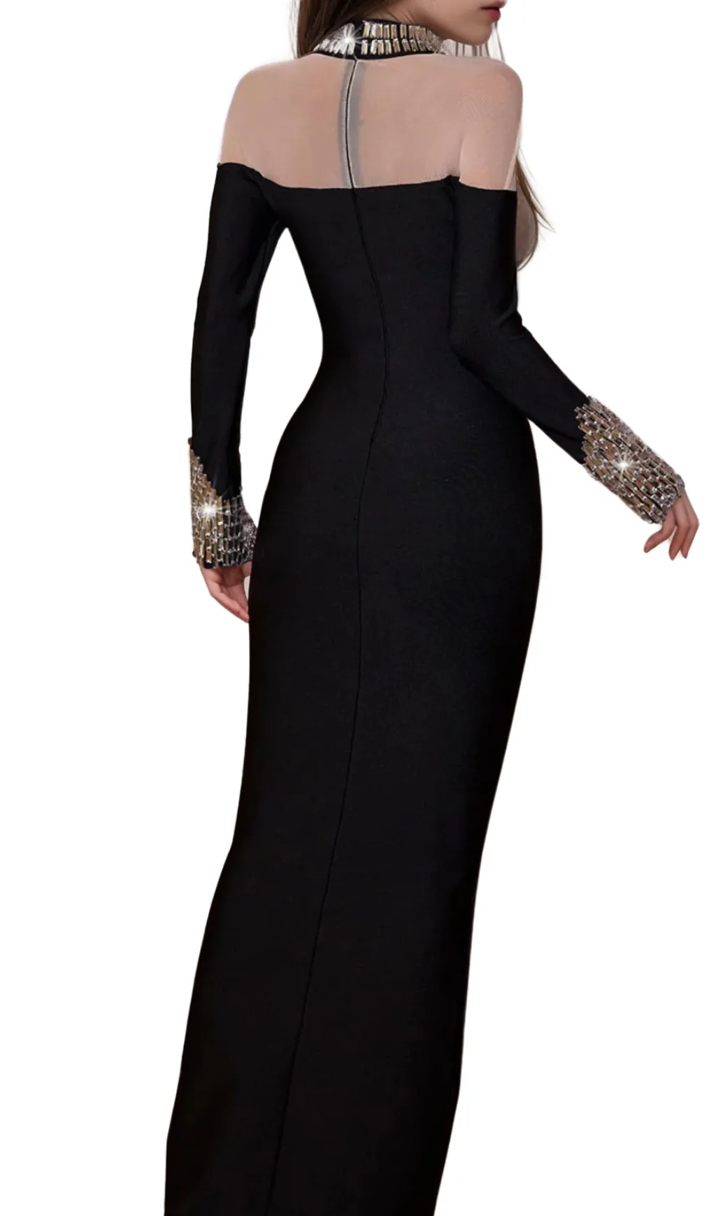 alexandra Long Sleeve Rhinestone Bandage maxi Dress in black Gloria Lanvin