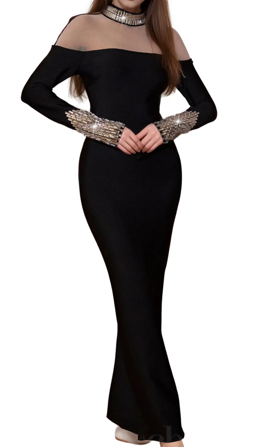 alexandra Long Sleeve Rhinestone Bandage maxi Dress in black Gloria Lanvin
