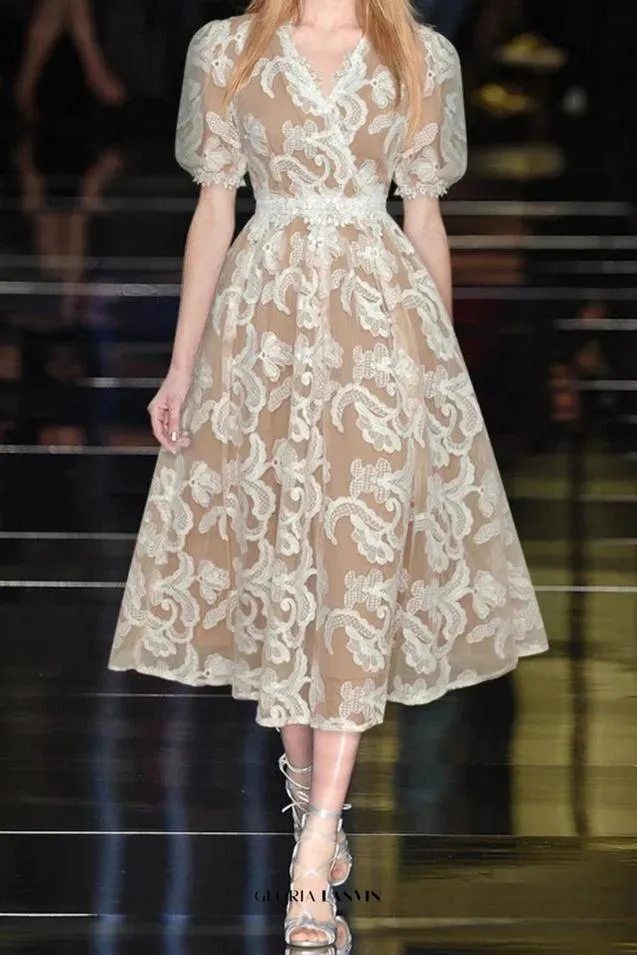 alisa mesh embroidered puff sleeves midi dress in beige Gloria Lanvin