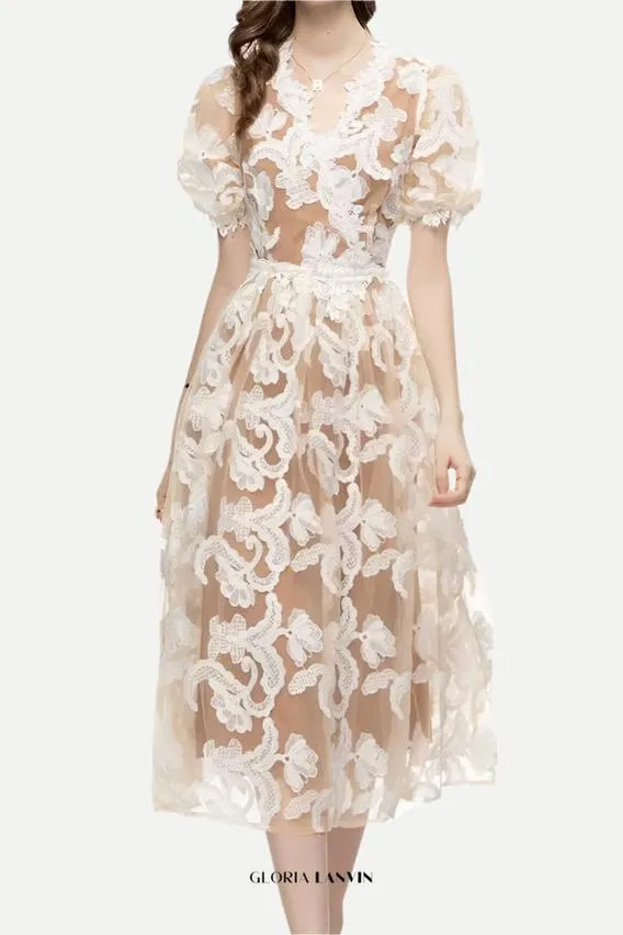 alisa mesh embroidered puff sleeves midi dress in beige Gloria Lanvin
