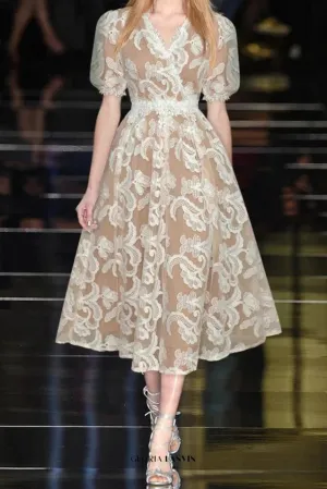 alisa mesh embroidered puff sleeves midi dress in beige Gloria Lanvin