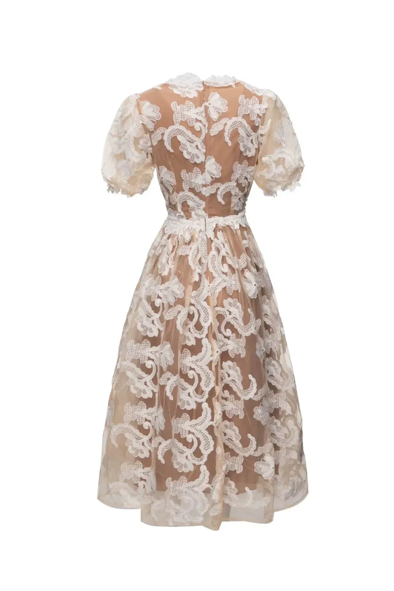 alisa mesh embroidered puff sleeves midi dress in beige Gloria Lanvin
