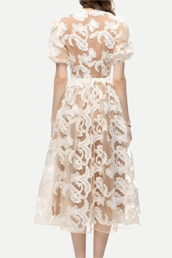 alisa mesh embroidered puff sleeves midi dress in beige Gloria Lanvin