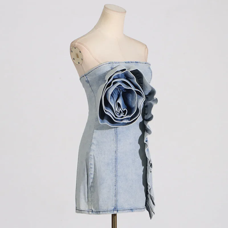 ALISON BLUE RUFFLED TRIM STRAPLESS DENIM MINI DRESS Gloria Lanvin