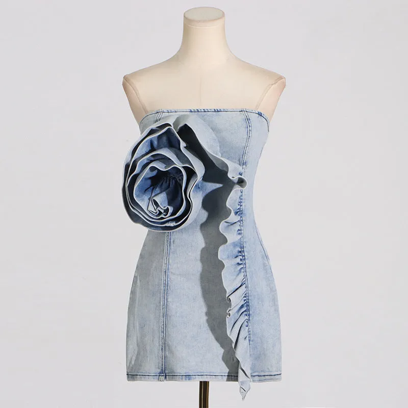 ALISON BLUE RUFFLED TRIM STRAPLESS DENIM MINI DRESS Gloria Lanvin