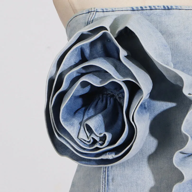 ALISON BLUE RUFFLED TRIM STRAPLESS DENIM MINI DRESS Gloria Lanvin