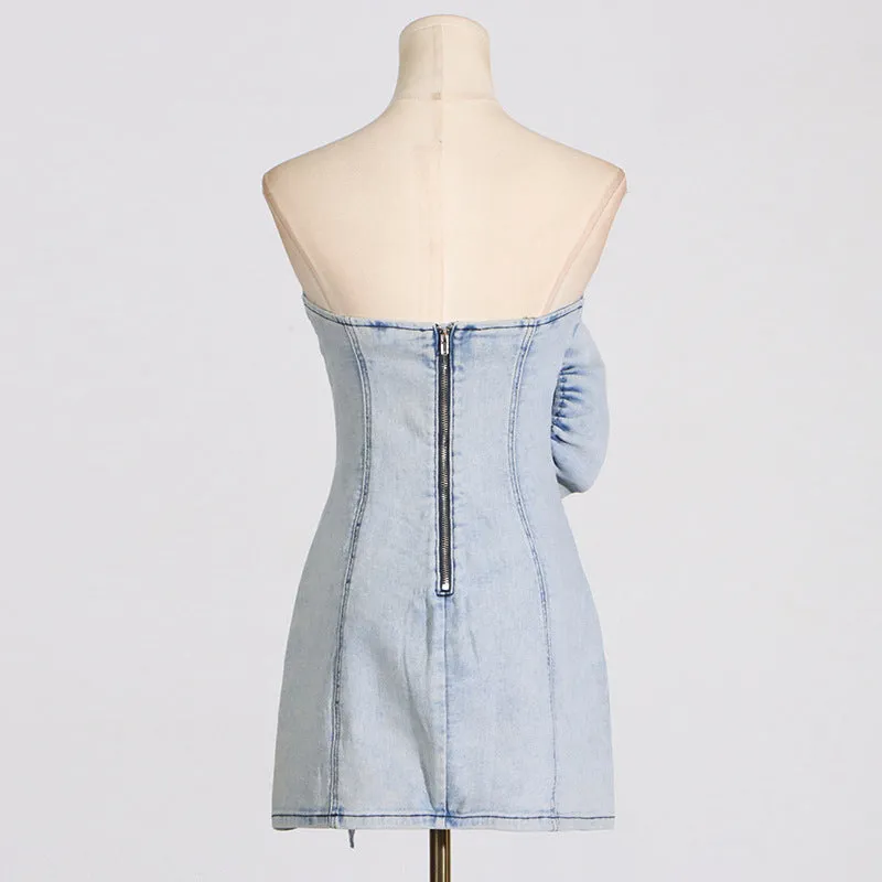 ALISON BLUE RUFFLED TRIM STRAPLESS DENIM MINI DRESS Gloria Lanvin