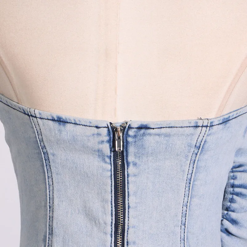 ALISON BLUE RUFFLED TRIM STRAPLESS DENIM MINI DRESS Gloria Lanvin