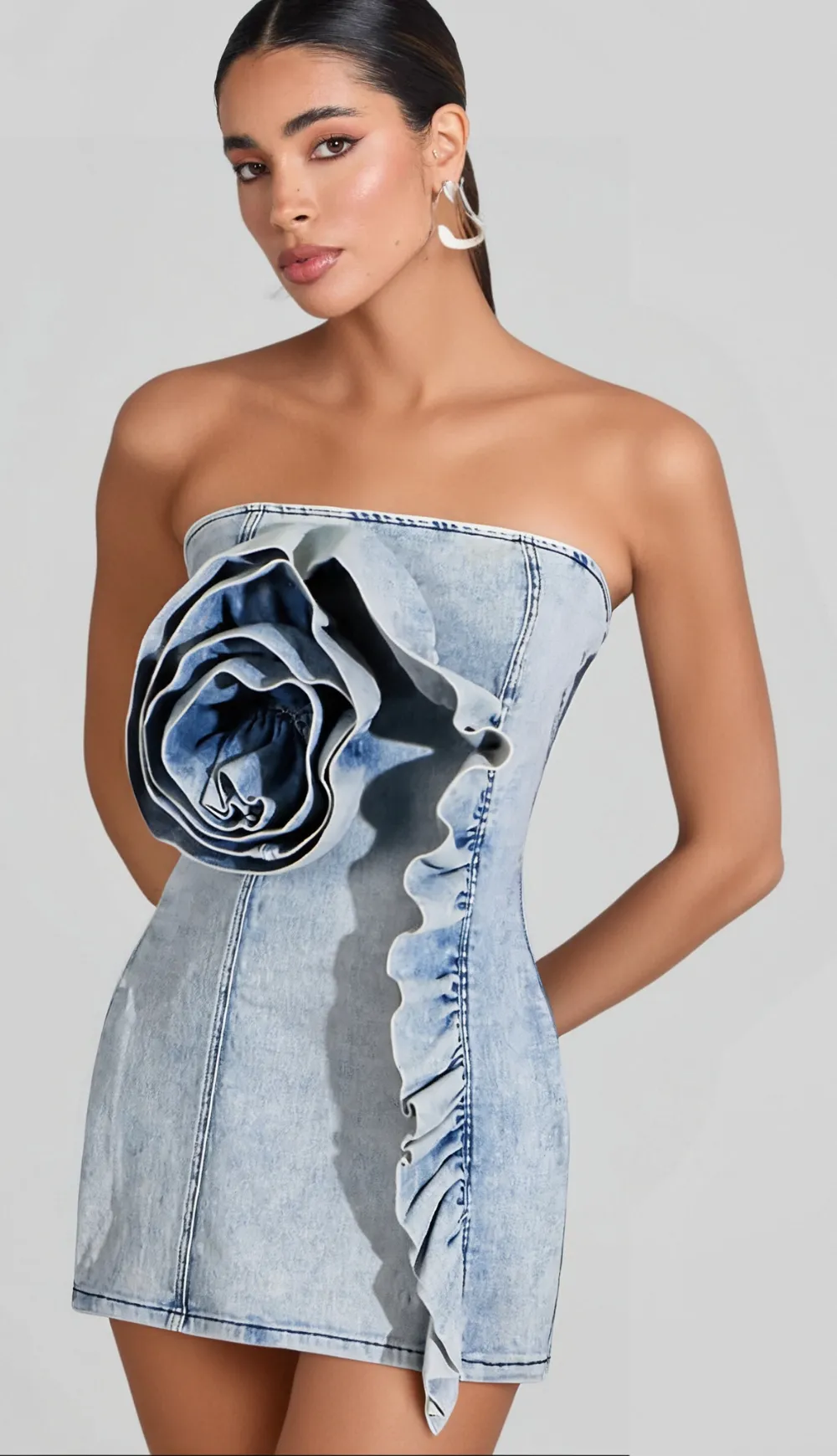 ALISON BLUE RUFFLED TRIM STRAPLESS DENIM MINI DRESS Gloria Lanvin