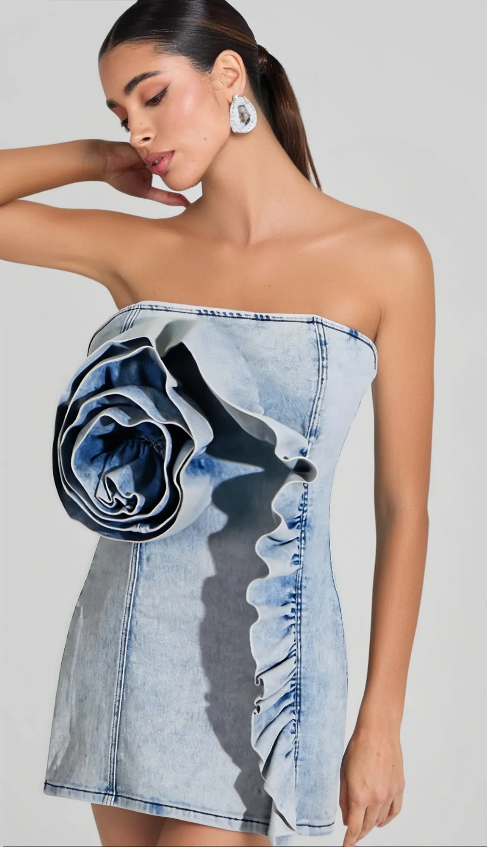 ALISON BLUE RUFFLED TRIM STRAPLESS DENIM MINI DRESS Gloria Lanvin