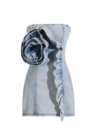 ALISON BLUE RUFFLED TRIM STRAPLESS DENIM MINI DRESS Gloria Lanvin