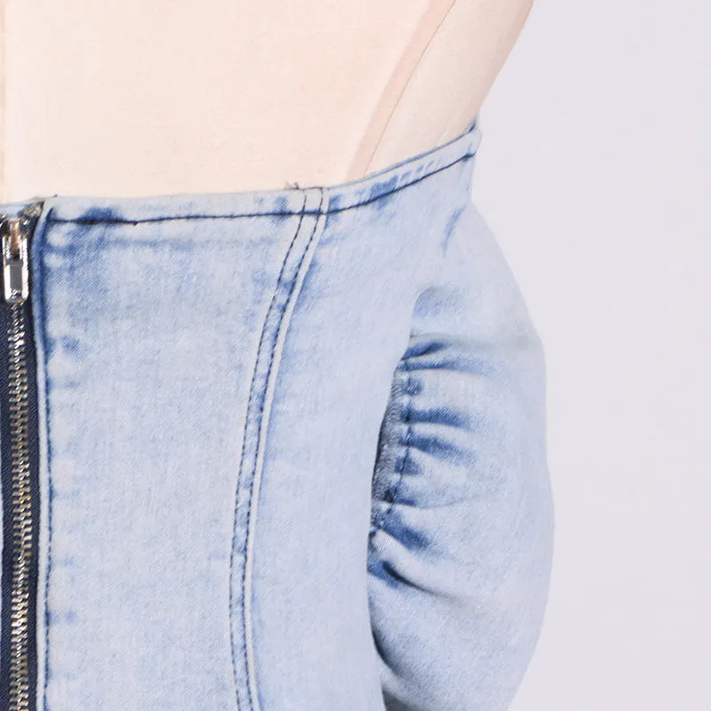 ALISON BLUE RUFFLED TRIM STRAPLESS DENIM MINI DRESS Gloria Lanvin