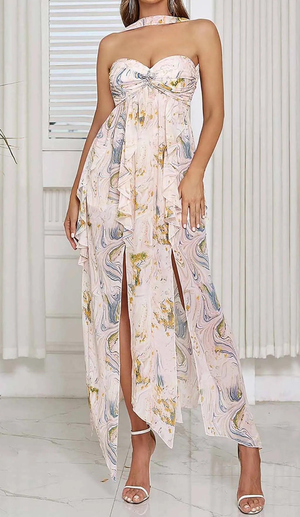 ALLOVER PRINT SPLIT THIGH BACKLESS DRESS Gloria Lanvin