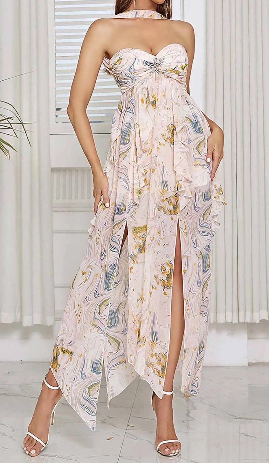 ALLOVER PRINT SPLIT THIGH BACKLESS DRESS Gloria Lanvin