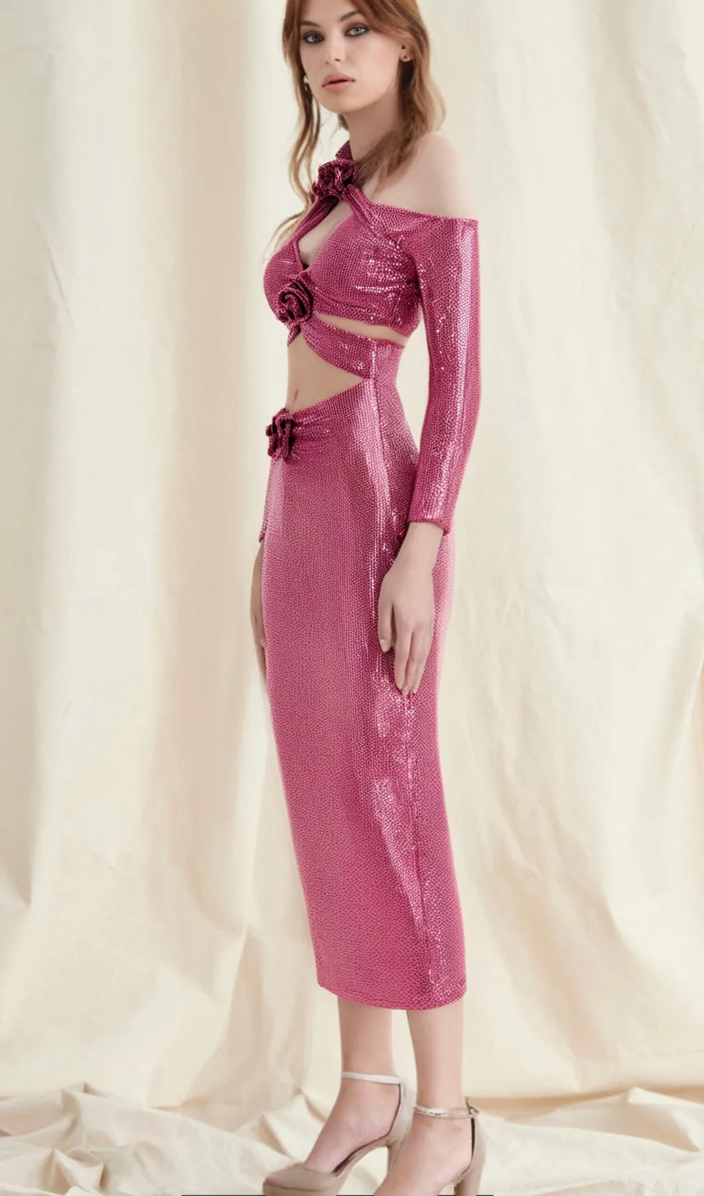 alva Lowen Flower Cutout Sequin Maxi Dress In rose Pink Gloria Lanvin