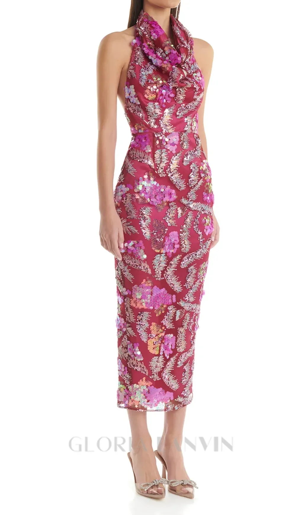 ALVA PINK HALTER EMBELLISHED SEQUIN BODYCON MIDI DRESS Gloria Lanvin
