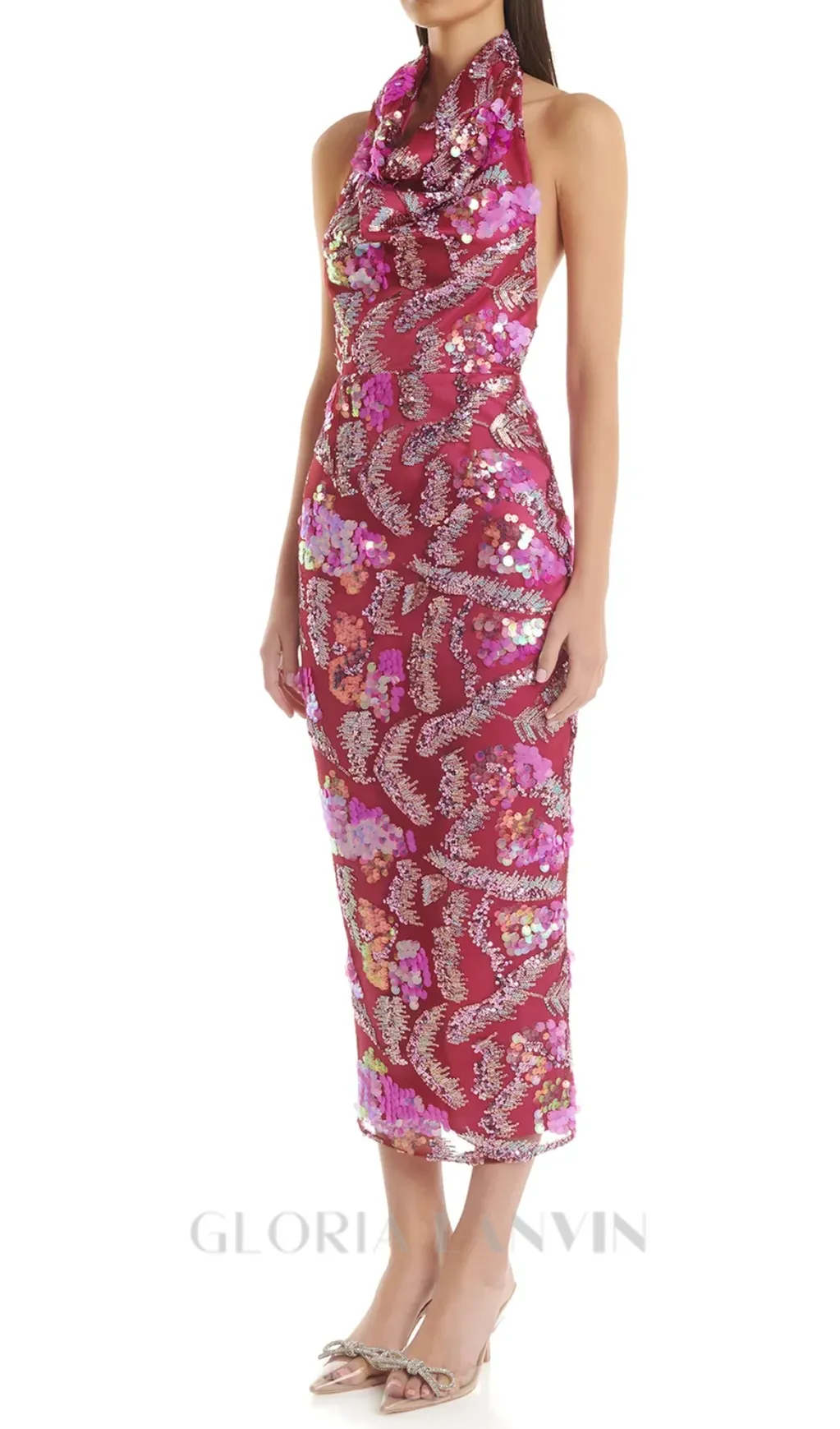 ALVA PINK HALTER EMBELLISHED SEQUIN BODYCON MIDI DRESS Gloria Lanvin