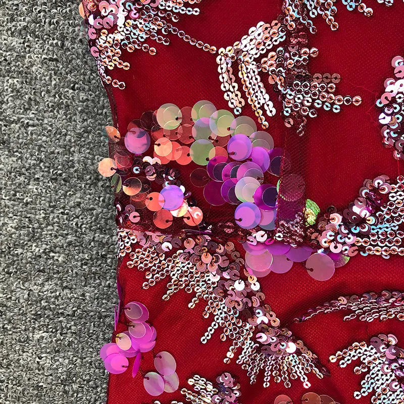 ALVA PINK HALTER EMBELLISHED SEQUIN BODYCON MIDI DRESS Gloria Lanvin