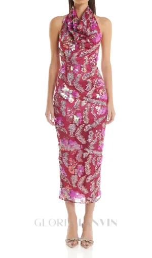 ALVA PINK HALTER EMBELLISHED SEQUIN BODYCON MIDI DRESS Gloria Lanvin