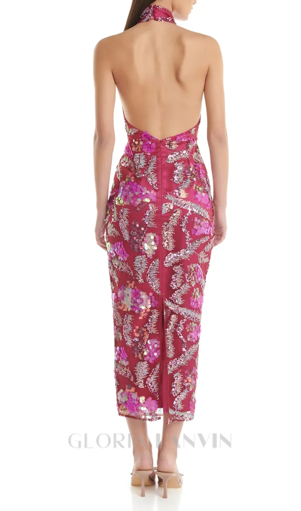 ALVA PINK HALTER EMBELLISHED SEQUIN BODYCON MIDI DRESS Gloria Lanvin