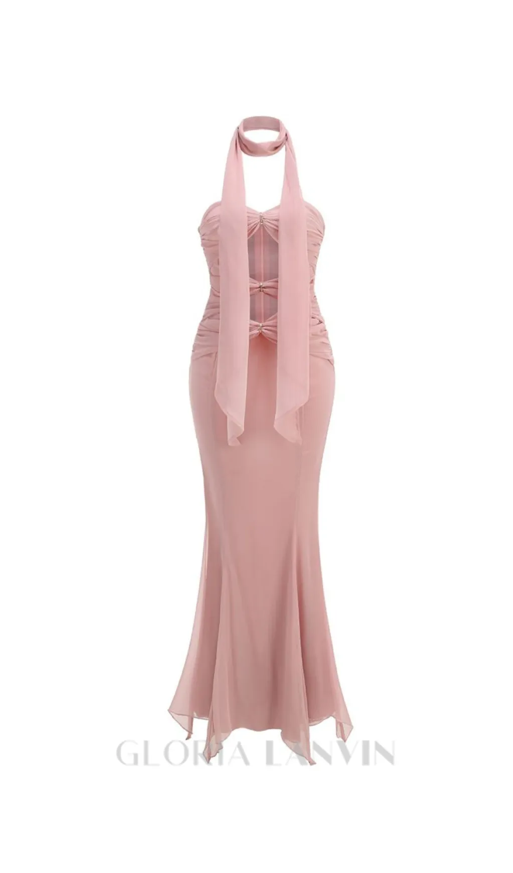 ALYSSA PINK HOLLOW BANDAGE STRAPLESS TULLE MAXI DRESS Gloria Lanvin