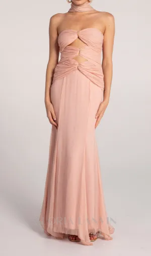 ALYSSA PINK HOLLOW BANDAGE STRAPLESS TULLE MAXI DRESS Gloria Lanvin