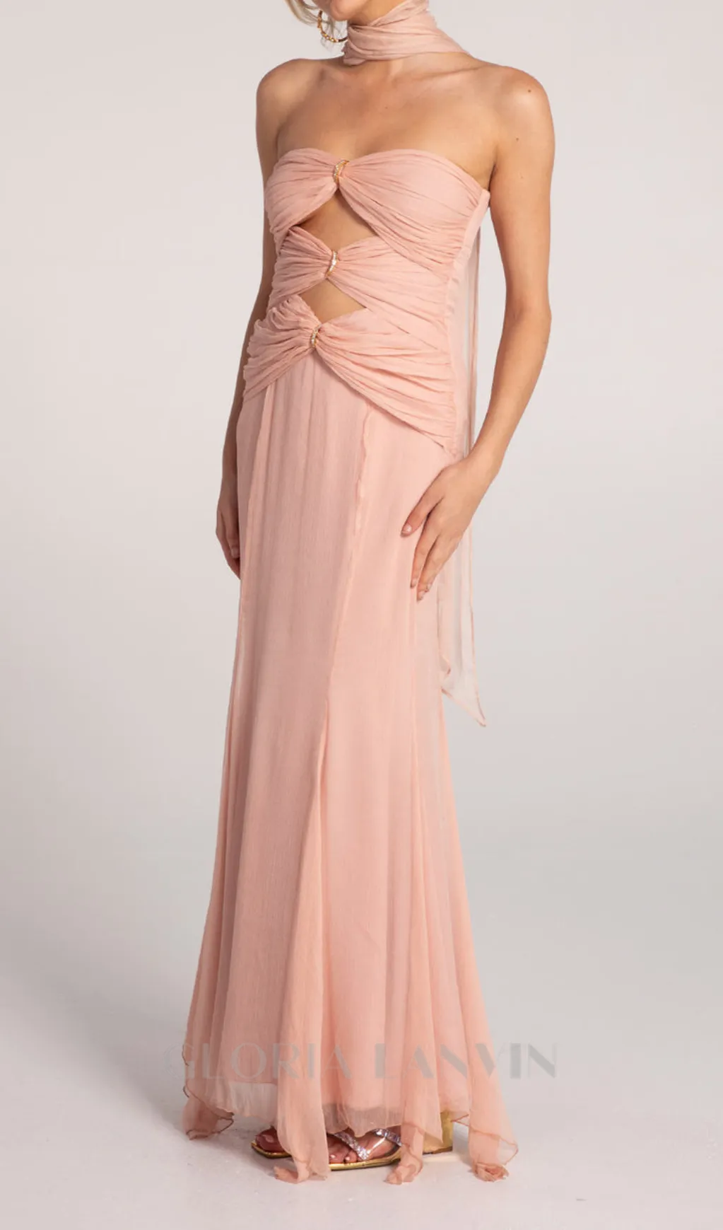 ALYSSA PINK HOLLOW BANDAGE STRAPLESS TULLE MAXI DRESS Gloria Lanvin
