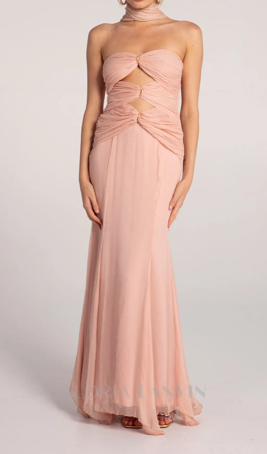 ALYSSA PINK HOLLOW BANDAGE STRAPLESS TULLE MAXI DRESS Gloria Lanvin