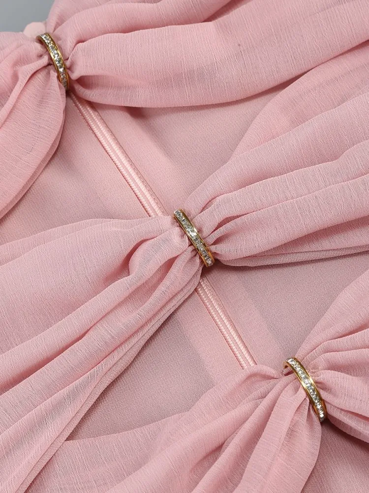 ALYSSA PINK HOLLOW BANDAGE STRAPLESS TULLE MAXI DRESS Gloria Lanvin