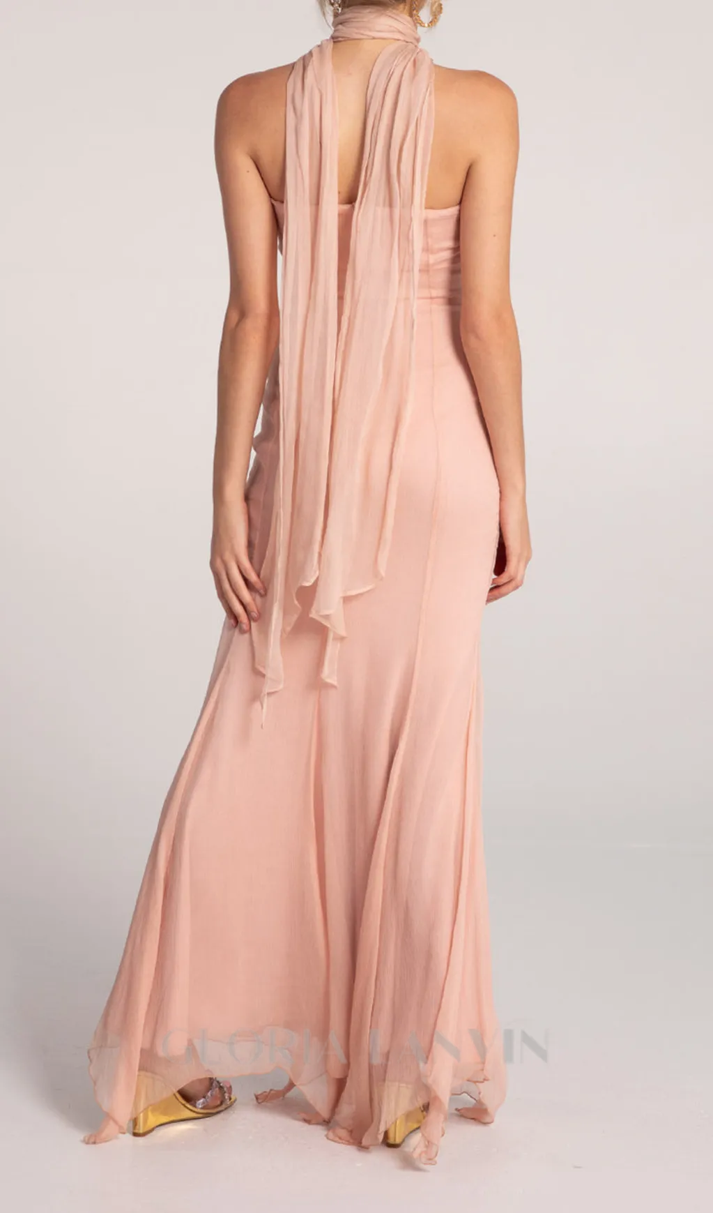 ALYSSA PINK HOLLOW BANDAGE STRAPLESS TULLE MAXI DRESS Gloria Lanvin