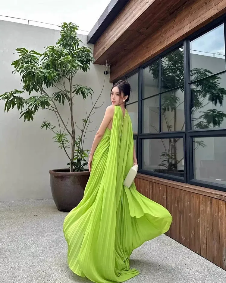 alyssa pleated grass green maxi dress Gloria Lanvin