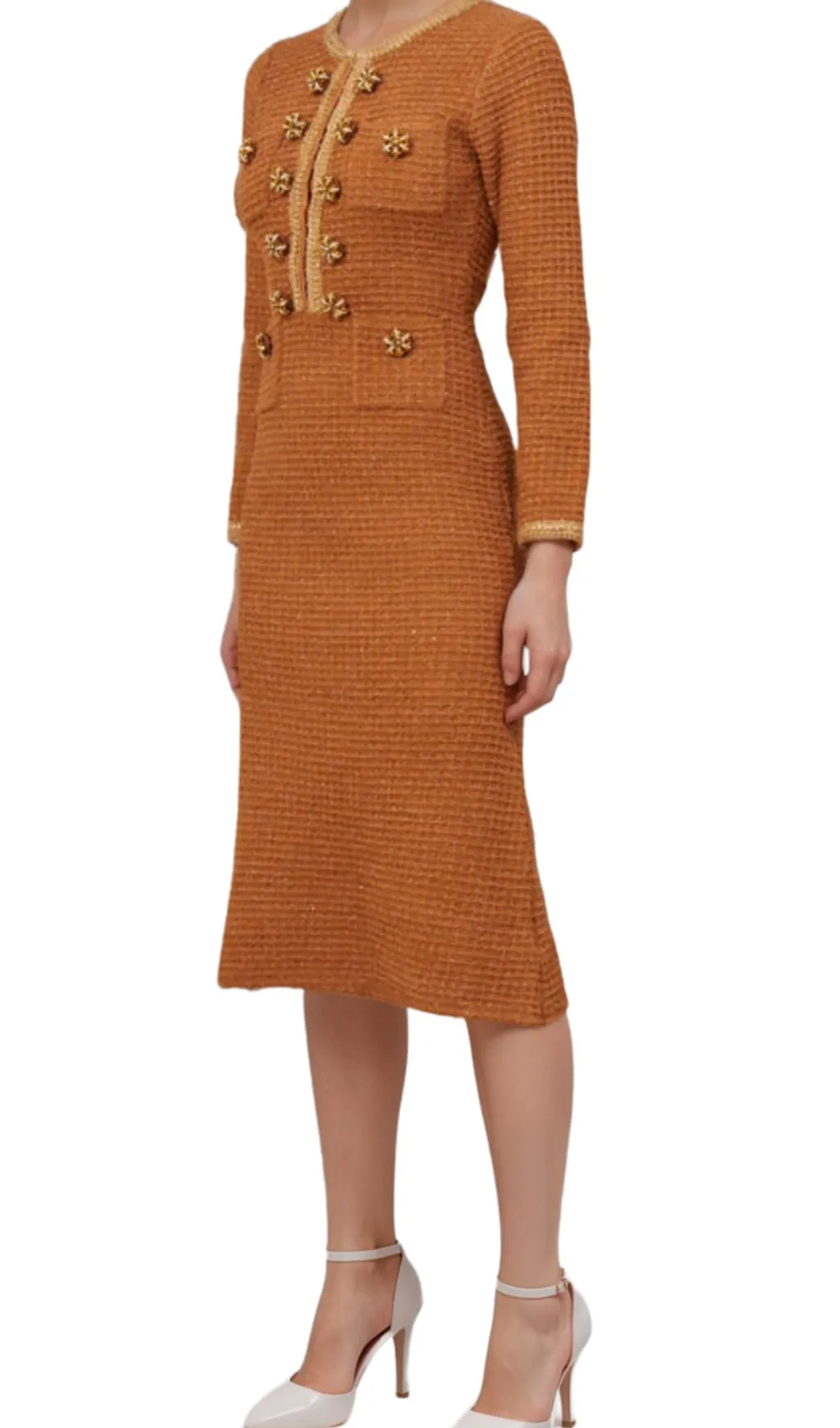 amelia braided-edge tweed midi dress in brown Gloria Lanvin