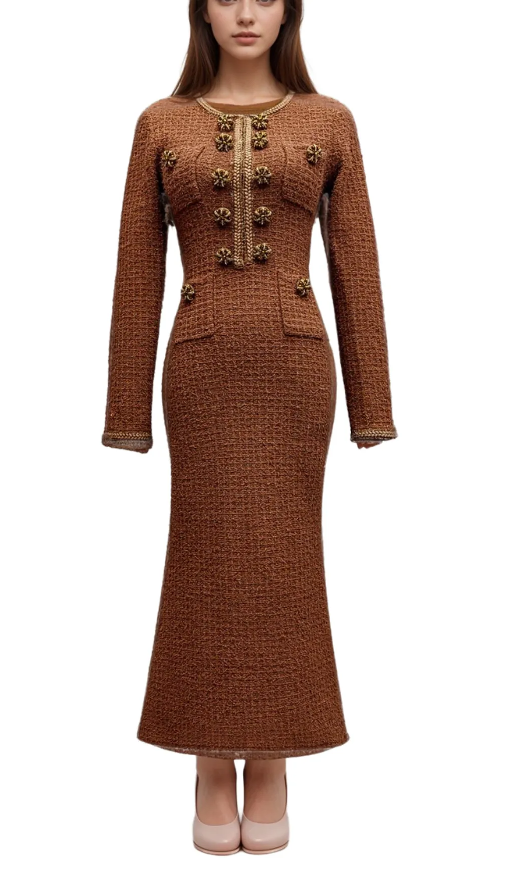 amelia braided-edge tweed midi dress in brown Gloria Lanvin