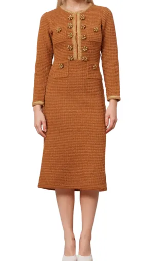 amelia braided-edge tweed midi dress in brown Gloria Lanvin