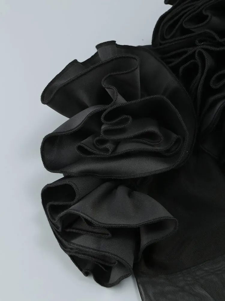 AMITY LONG SLEEVE TULLE FLORAL BARDOT DRESS IN BLACK Gloria Lanvin