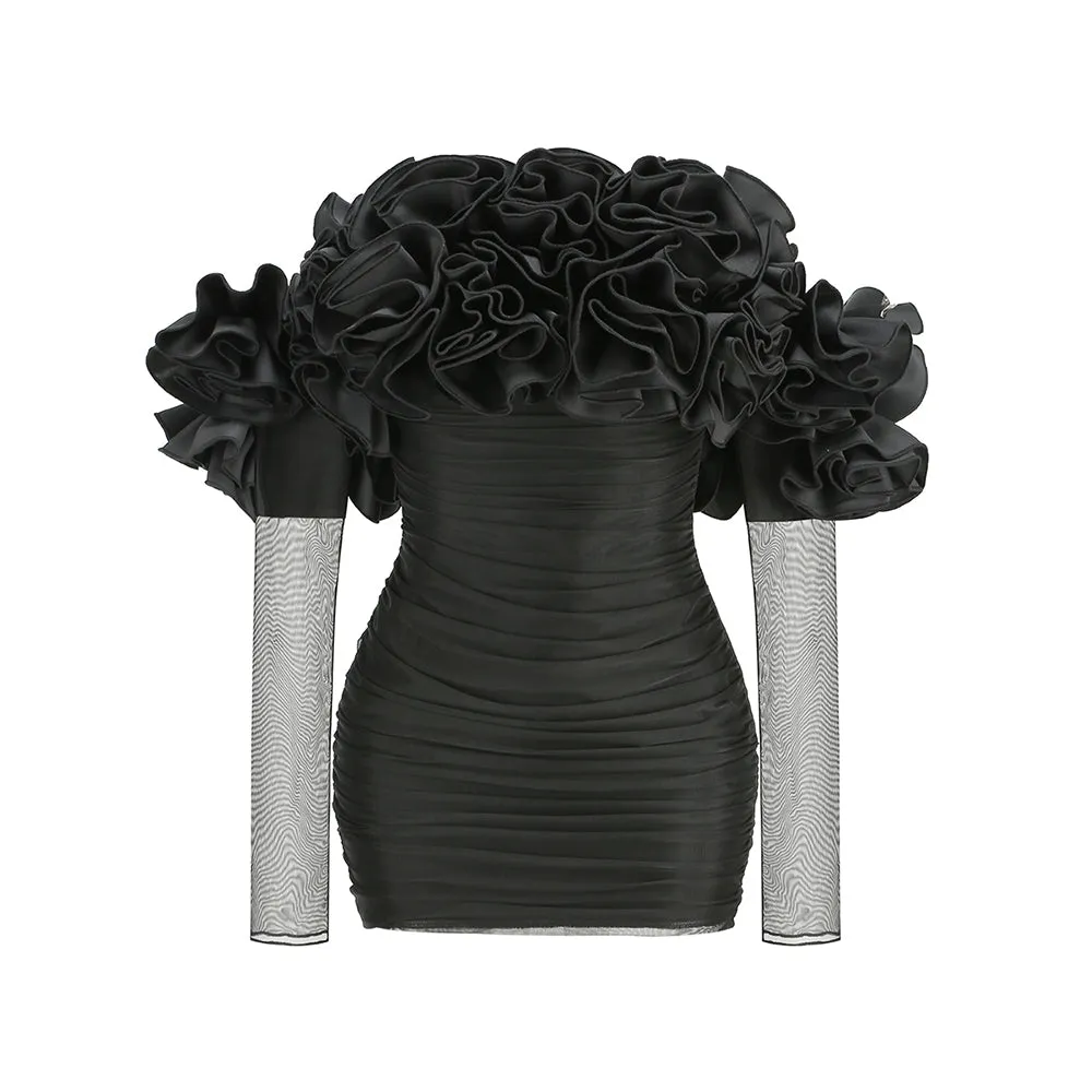 AMITY LONG SLEEVE TULLE FLORAL BARDOT DRESS IN BLACK Gloria Lanvin