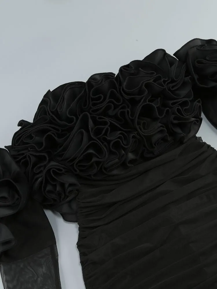 AMITY LONG SLEEVE TULLE FLORAL BARDOT DRESS IN BLACK Gloria Lanvin