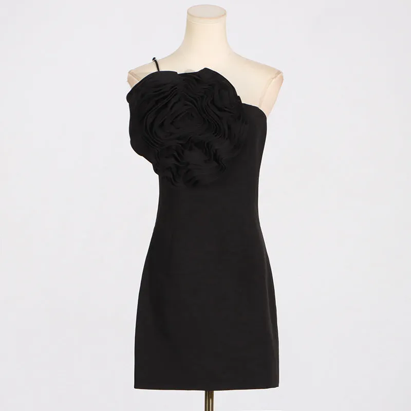 AMITY ONE-SHOULDER FLORAL-APPLIQU MINI DRESS IN BLACK Gloria Lanvin