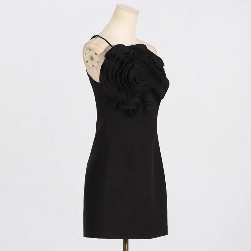 AMITY ONE-SHOULDER FLORAL-APPLIQU MINI DRESS IN BLACK Gloria Lanvin