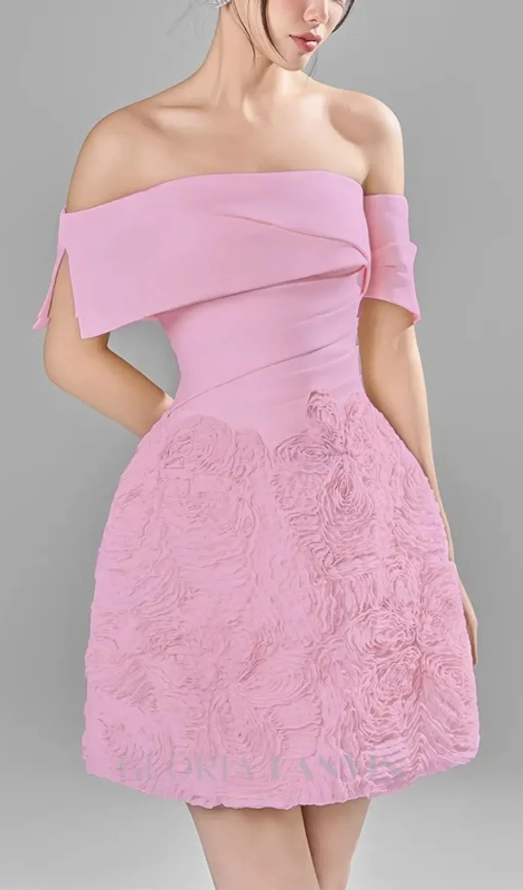 AMY OFF SHOULDER FLORAL PLEATED MINI DRESS IN PINK Gloria Lanvin