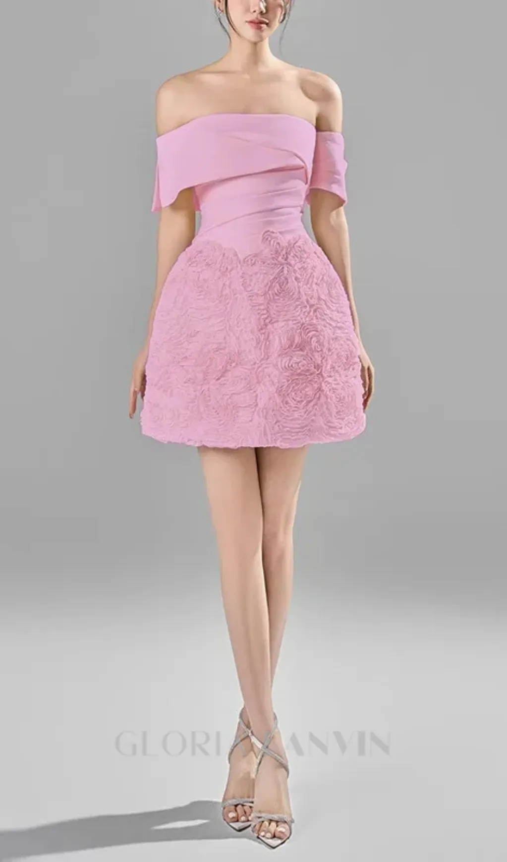AMY OFF SHOULDER FLORAL PLEATED MINI DRESS IN PINK Gloria Lanvin