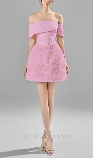 AMY OFF SHOULDER FLORAL PLEATED MINI DRESS IN PINK Gloria Lanvin