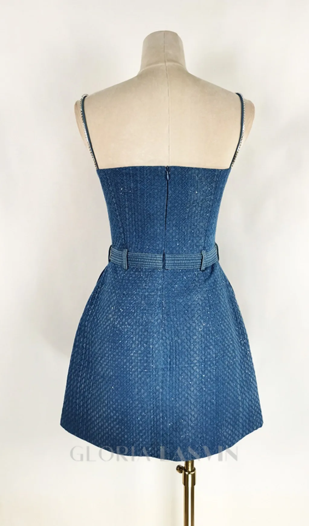 ANDREA DENIM RHINESTONE SUSPENDER MINI DRESS IN BLUE Gloria Lanvin