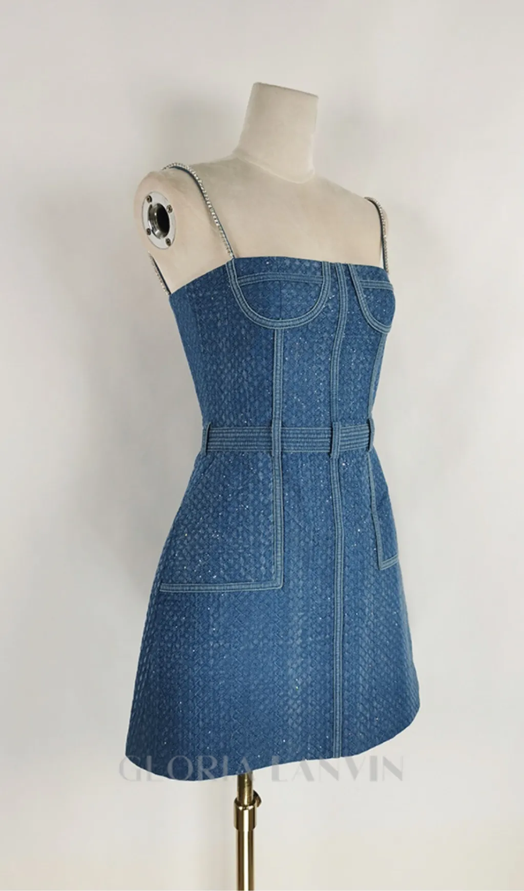 ANDREA DENIM RHINESTONE SUSPENDER MINI DRESS IN BLUE Gloria Lanvin