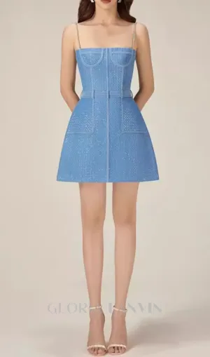 ANDREA DENIM RHINESTONE SUSPENDER MINI DRESS IN BLUE Gloria Lanvin