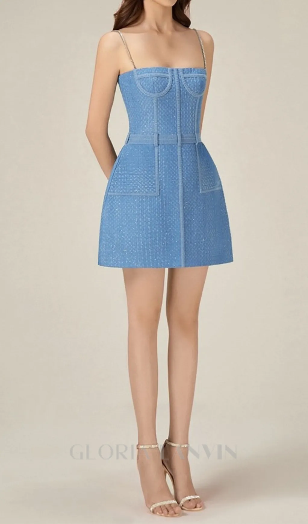 ANDREA DENIM RHINESTONE SUSPENDER MINI DRESS IN BLUE Gloria Lanvin
