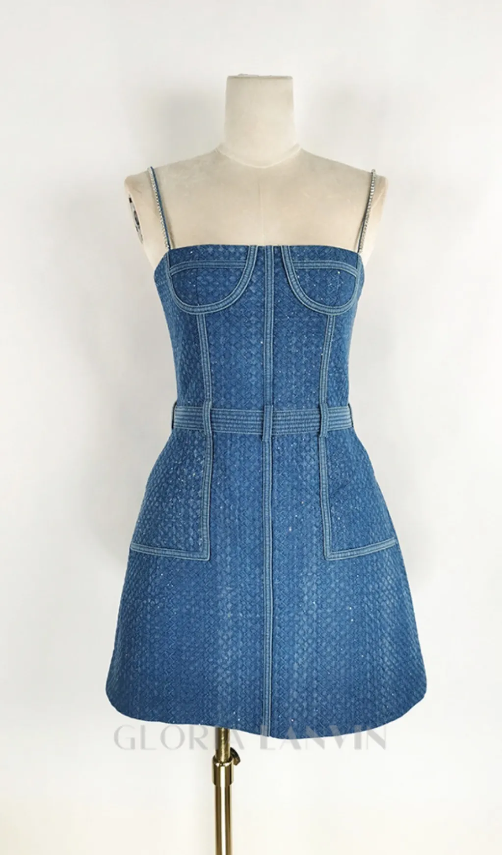 ANDREA DENIM RHINESTONE SUSPENDER MINI DRESS IN BLUE Gloria Lanvin