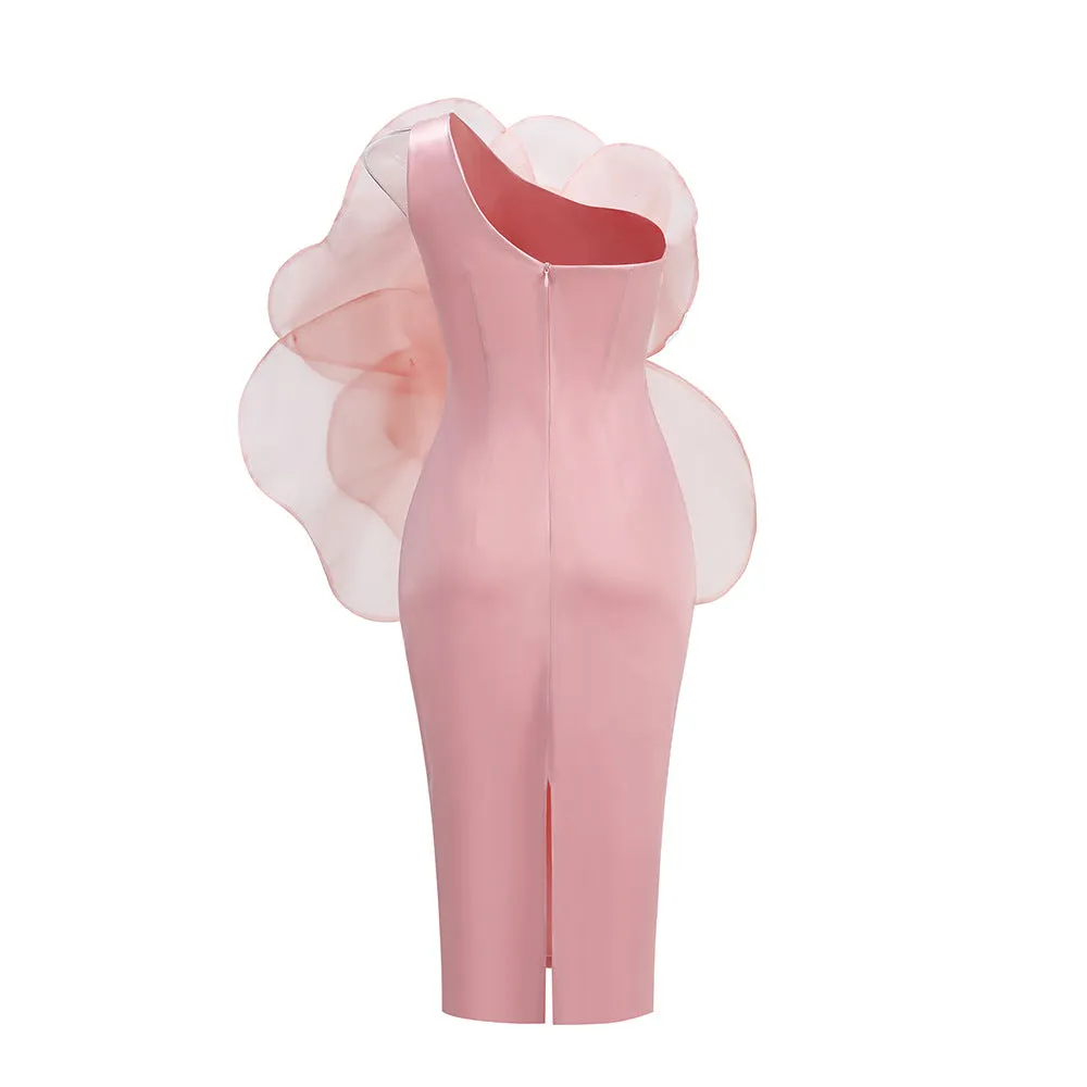 ANDREA MESH FLOWER ONE SHOULDER MIDI DRESS IN PINK Gloria Lanvin