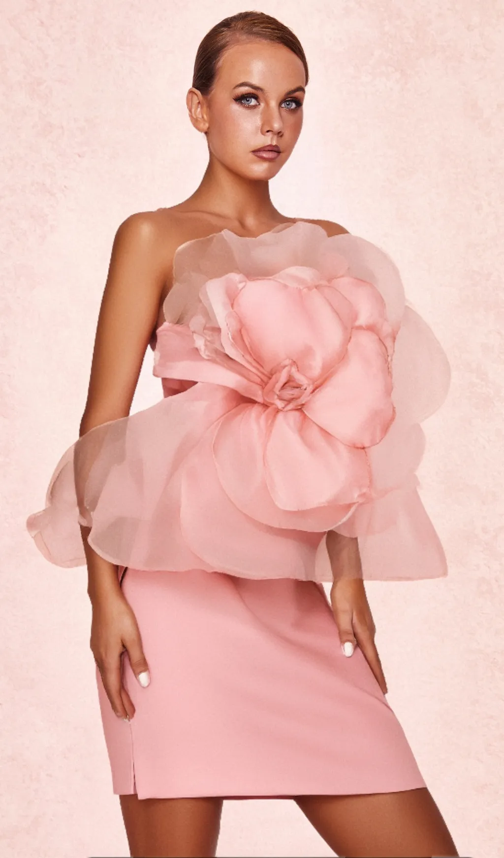 ANDREA MESH FLOWER ONE SHOULDER MIDI DRESS IN PINK Gloria Lanvin