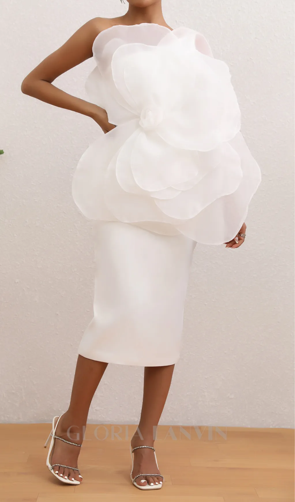ANDREA MESH FLOWER ONE SHOULDER MIDI DRESS IN WHITE Gloria Lanvin